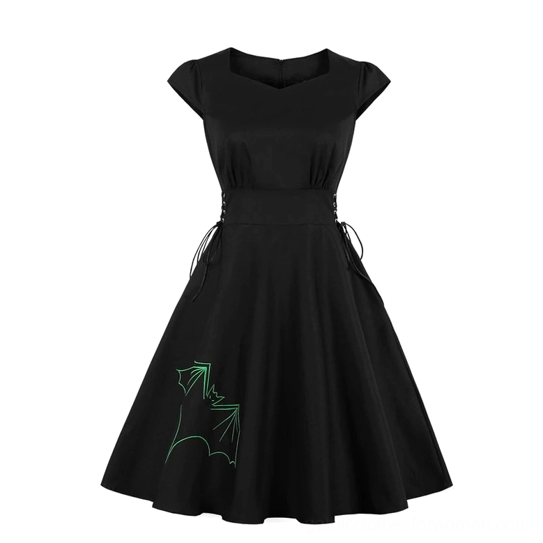 Black gothic swing dress with green bat embroidery detail and mini hemline