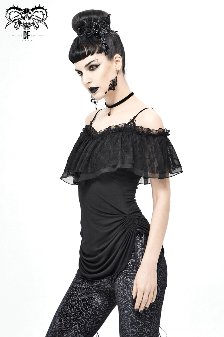 Black gothic off-shoulder mini dress hem and length detail on flat lay