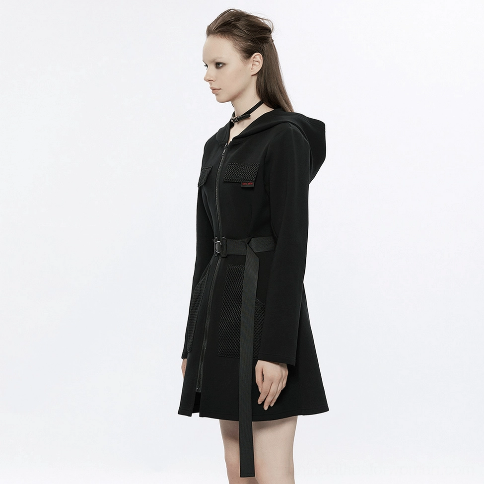 Black gothic hooded tactical dress hood structure and construction detail view