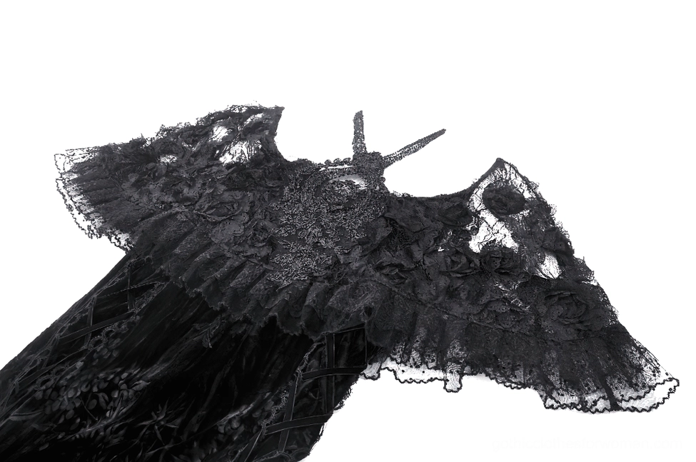 Detailed close-up of black gothic dress lace cape ruffles with scalloped hem design