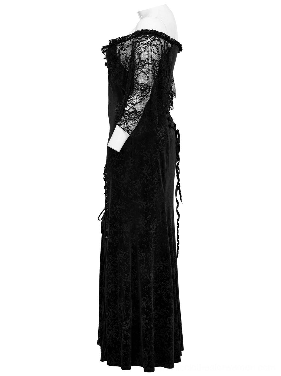 Right side profile of gothic maxi dress showing sheer lace sleeve and side corset lace-up tie detail on dress form