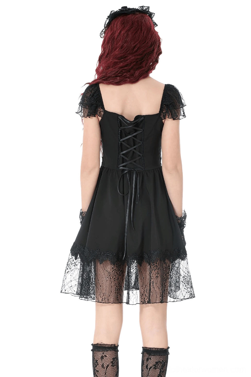 Gothic lace-up dress back view with detailed lace-up closure and layered ruffled sheer lace hem