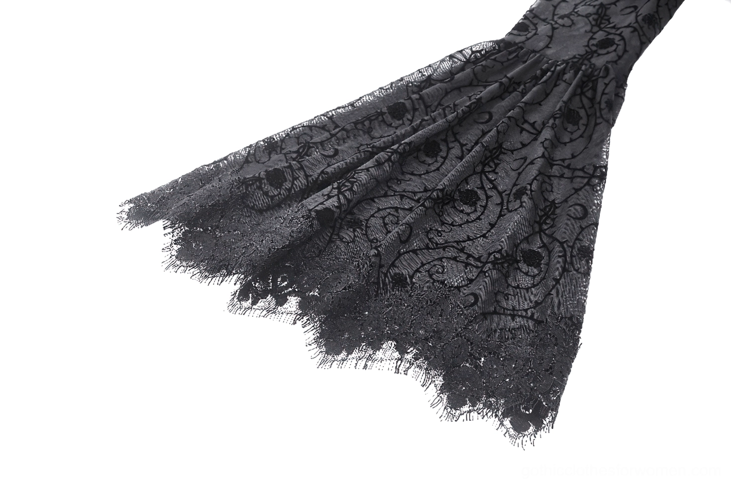 Full length view of black gothic dress showing layered hem and bell sleeve silhouette