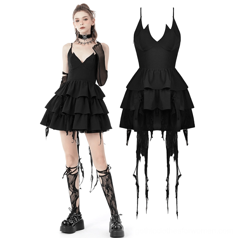 Black gothic mini slip dress with fringe tassel hem and layered ruffle skirt, front three-quarter and flat lay display
