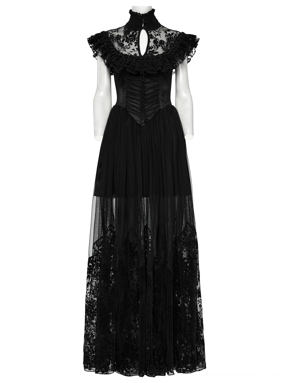 Black gothic evening dress on mannequin back view - lace-up corset back design, floor-length sheer skirt