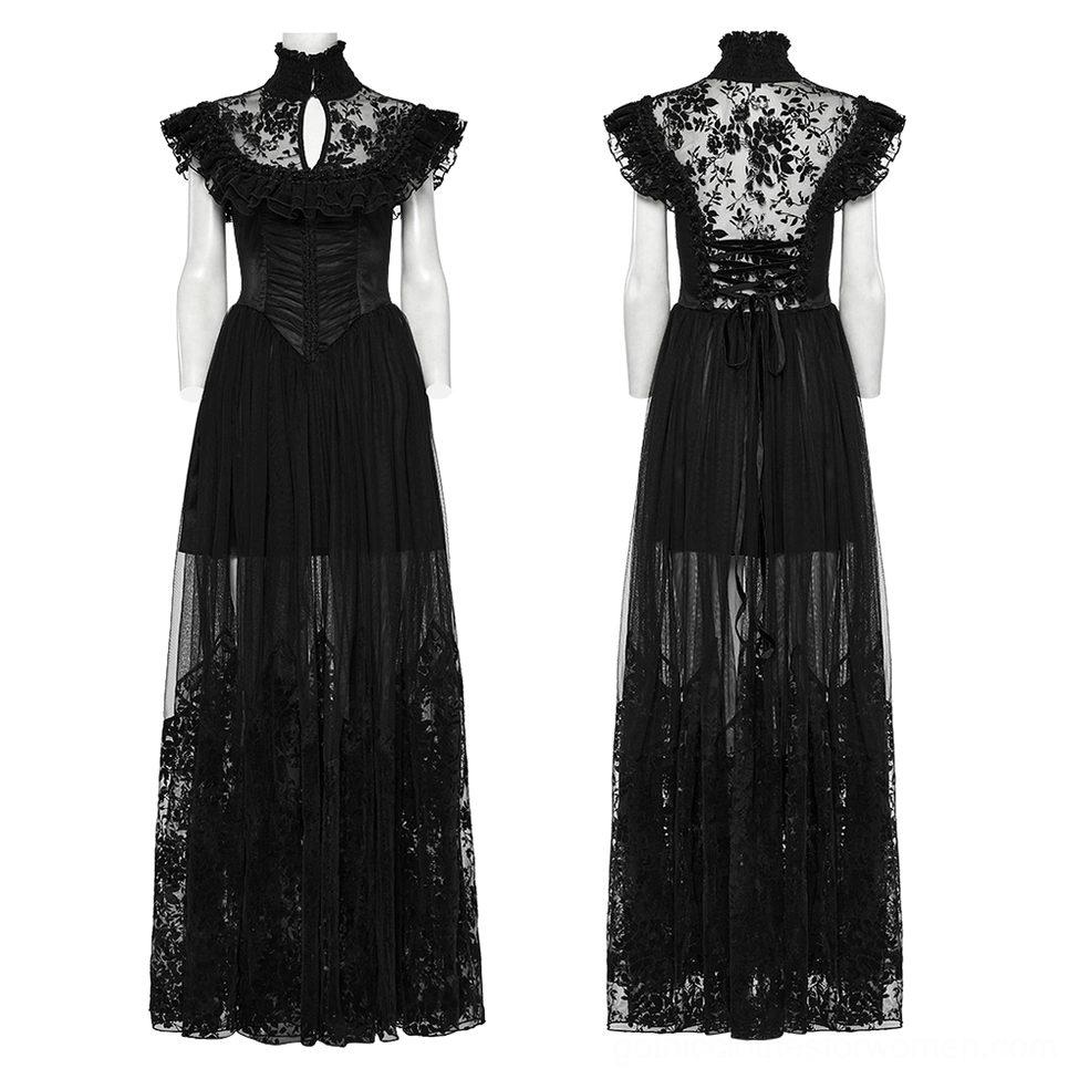 Black gothic evening dress on mannequin front view - high ruffled collar, sheer lace skirt, theatrical silhouette