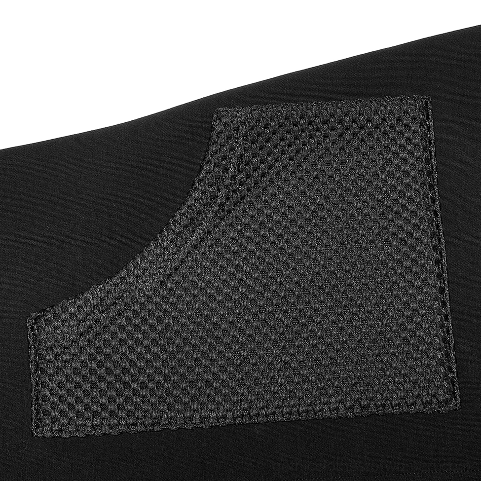 Black mesh pocket panel close-up showing tailored stitch work and all-black tonal design