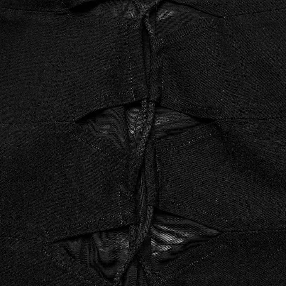 Close-up detail of mesh panel with rope lacing on black gothic mini dress side