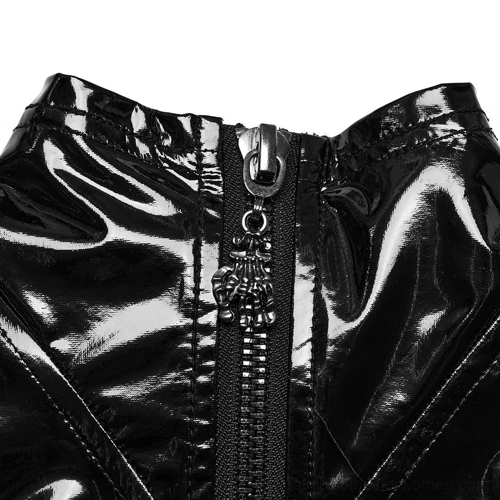 Close-up detail of exposed metal zipper on black faux leather gothic dress with ornate zipper pull