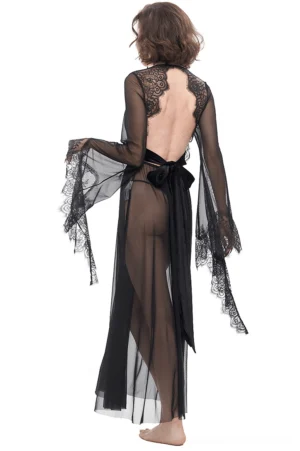 Black transparent lace gothic dress open back with satin bow rear view on model