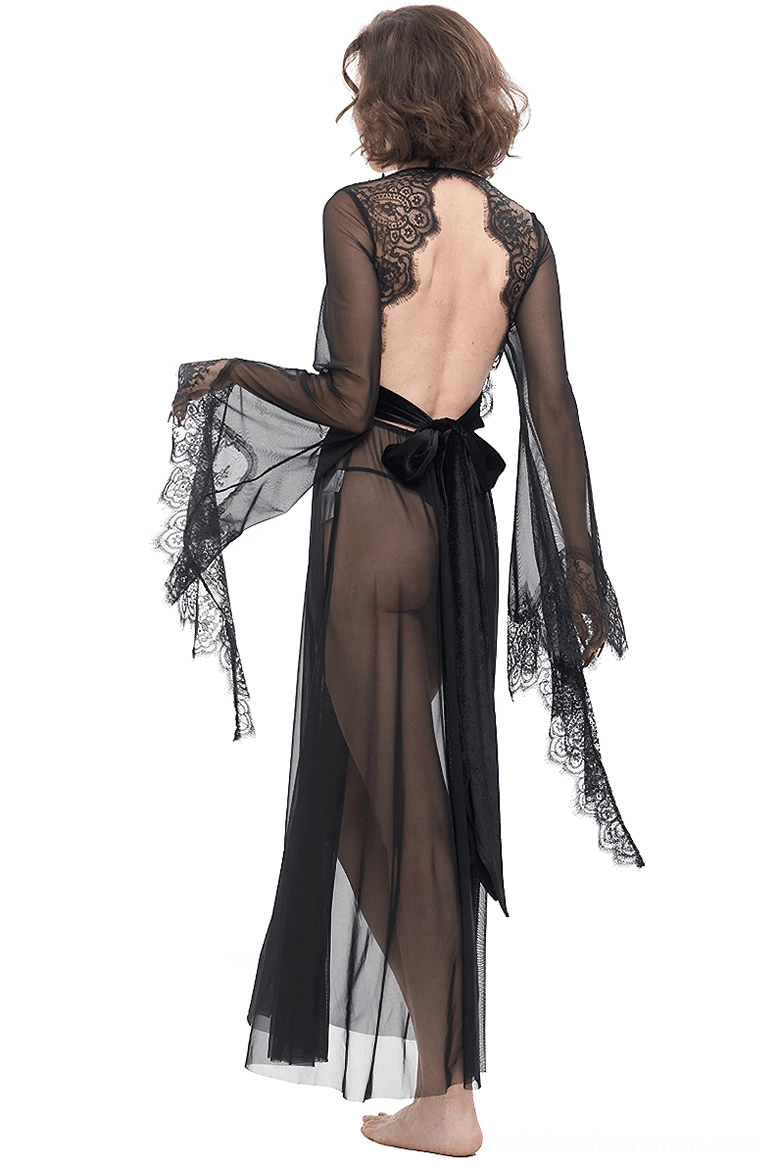 Black transparent lace gothic dress open back with satin bow rear view on model