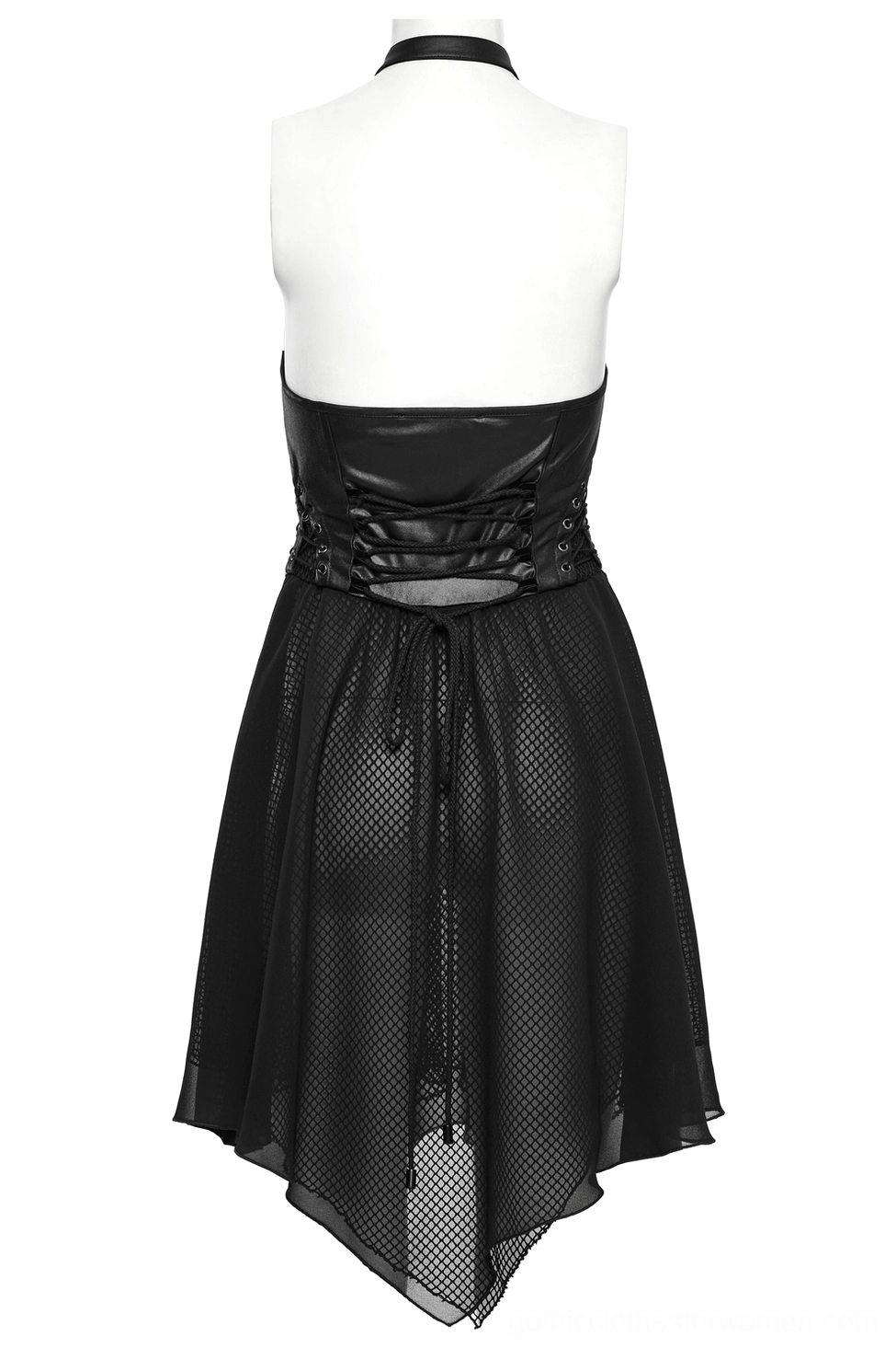 Black gothic corset dress back display showing open lace-up back design and fishnet chiffon layered skirt aesthetic