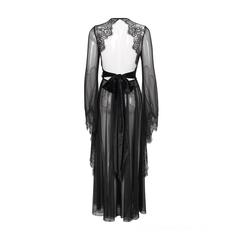 Black sheer lace gothic dress open back panel with satin bow on mannequin rear