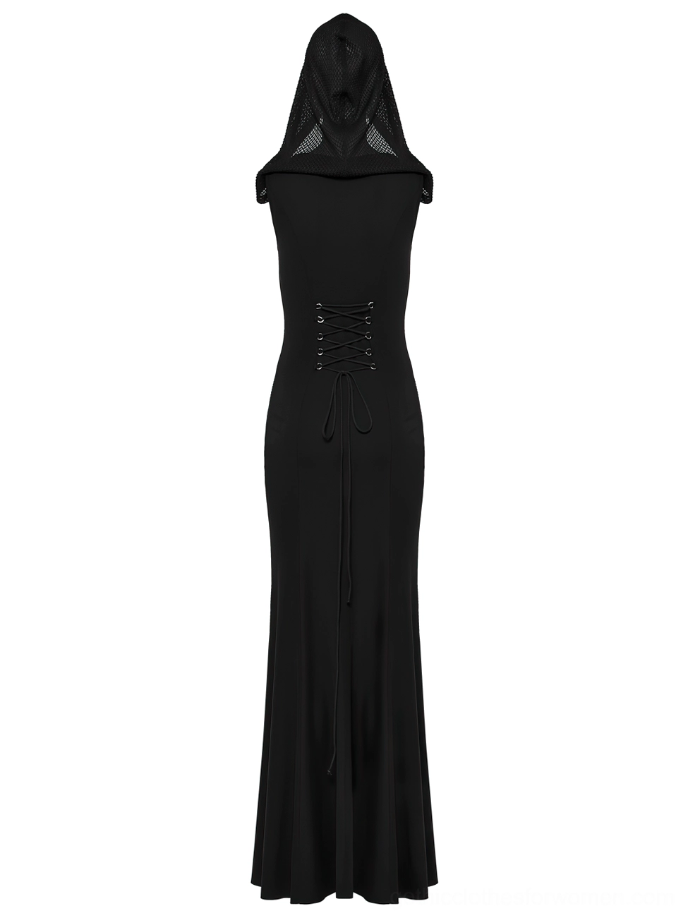 Black gothic hooded dress rear view on form displaying lace-up corset back closure and floor-length skirt