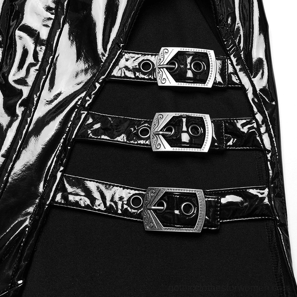 Black faux leather gothic maxi dress rear view flat lay displaying exposed metal zipper and floor-length slit