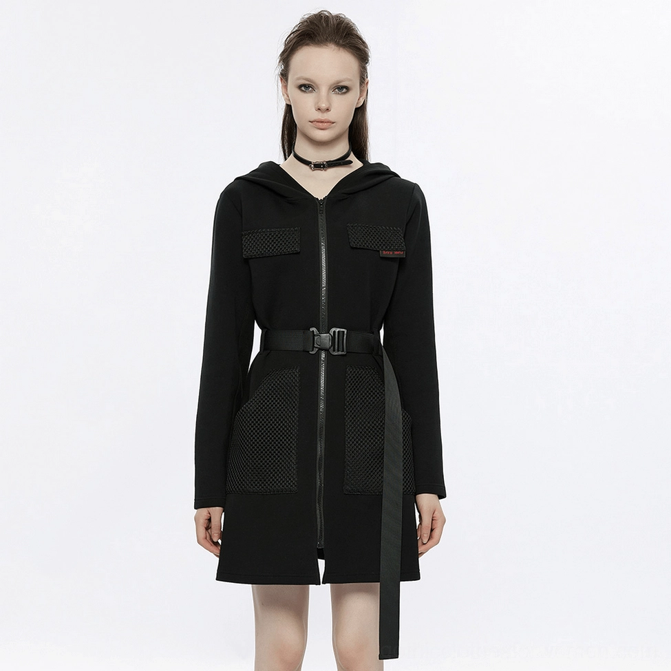 Black gothic tactical dress elastic ribbed cuff and sleeve detail on model