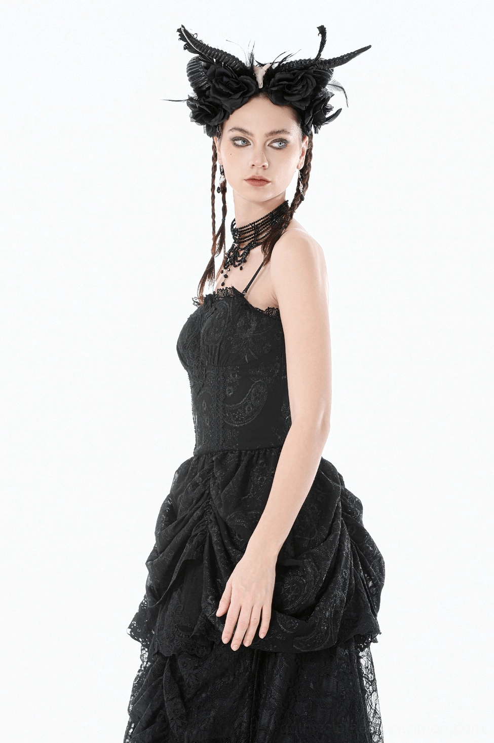 Black gothic dress with ruched lace skirt detail, alternative fashion styling with accessories