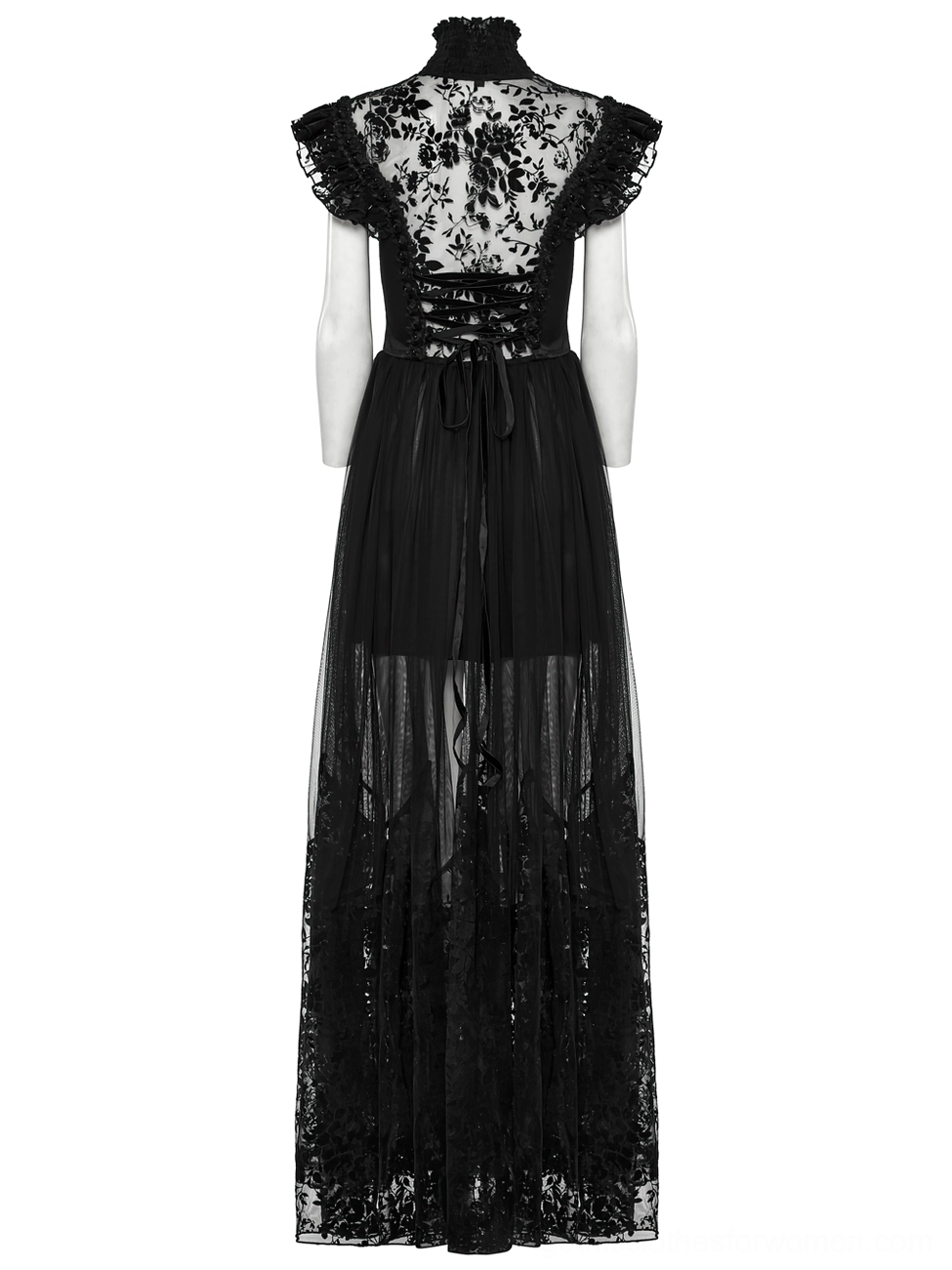 Black gothic evening dress front view on mannequin - satin bodice with ruffled waist trim detail
