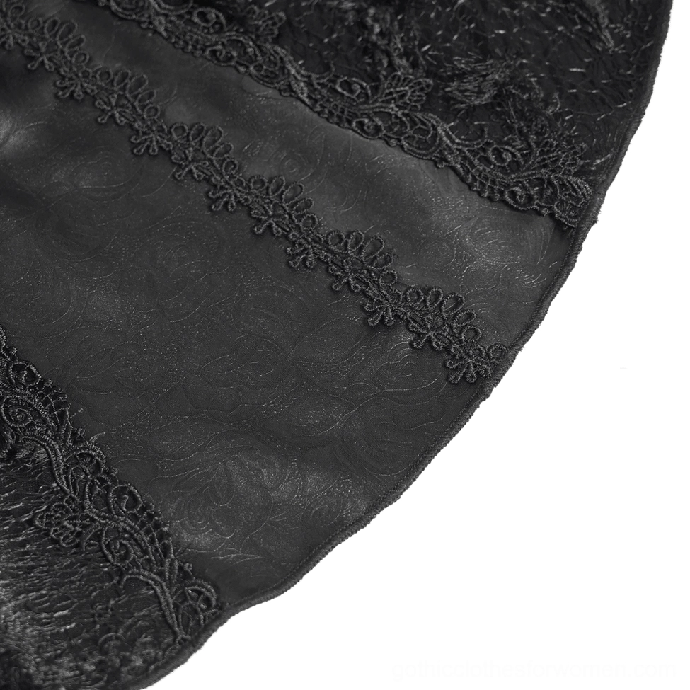 Black gothic halter dress with sheer mesh neckline and intricate lace trim styling detail
