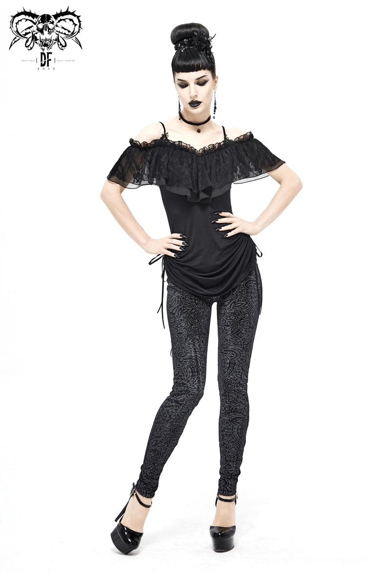 Black gothic dress shoulder and neckline construction with ruffled mesh trim