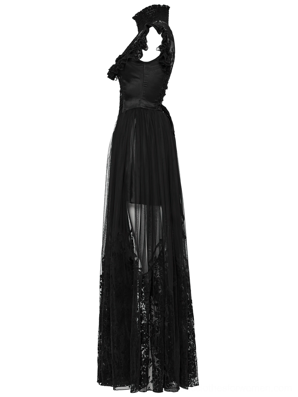 Black gothic dress side profile view on model - high neck design, flowing sheer skirt, elegant silhouette