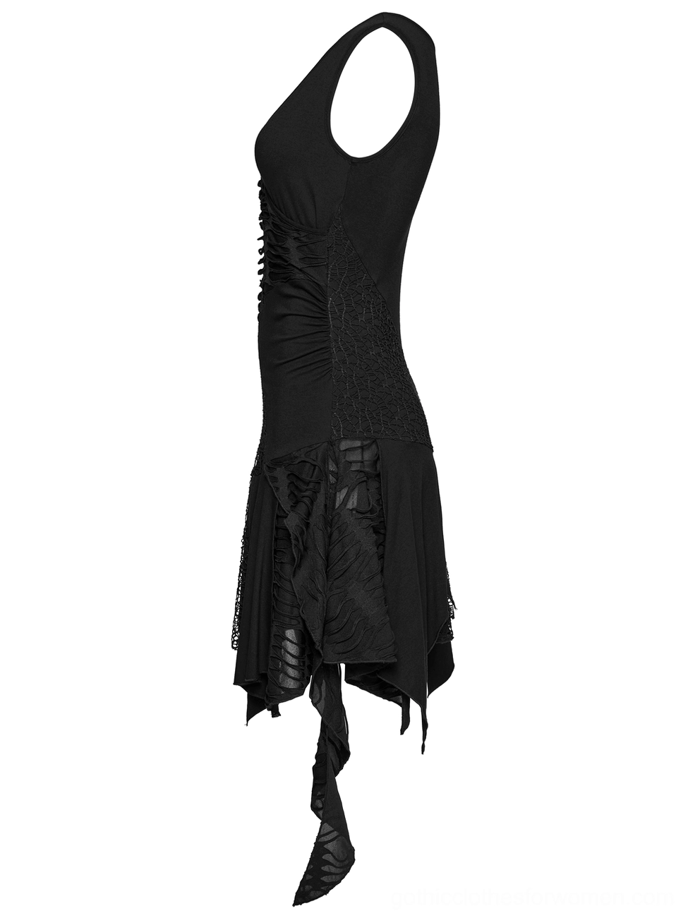 Black gothic sleeveless dress with side ruching and asymmetric mesh hem, side profile product view
