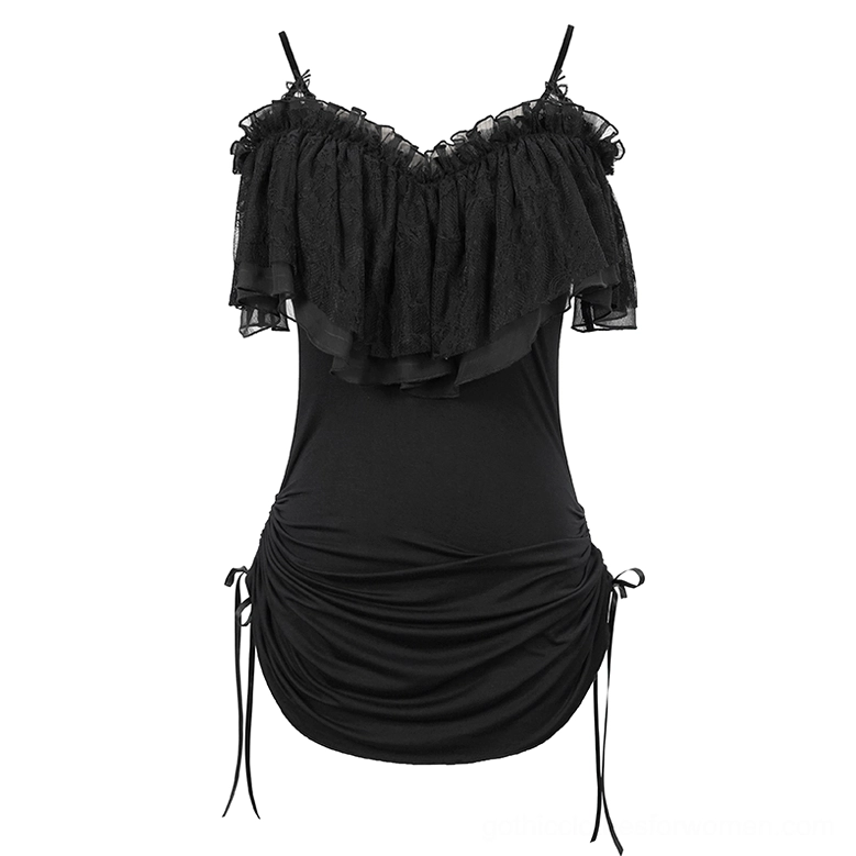 Black ruched gothic mini dress with side drawstring ties, flat product shot front view