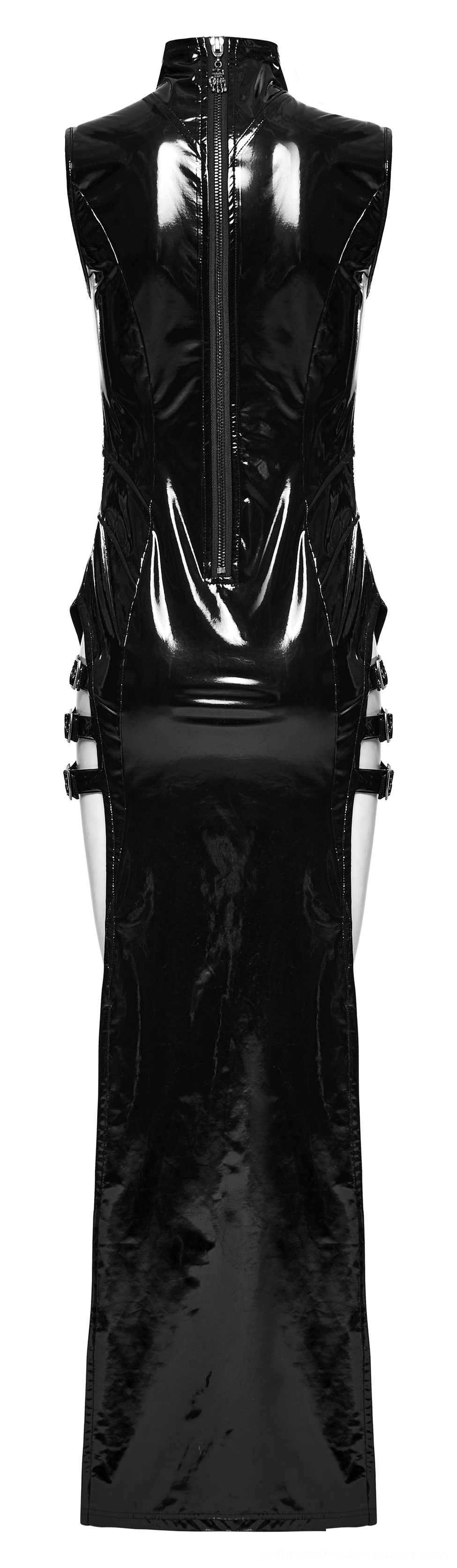 Side view of black faux leather gothic dress showing waist cutout and hip buckle straps