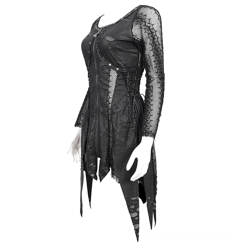 Black gothic irregular dress with fishnet sleeves and side lace-up detail on mannequin, side three-quarter view