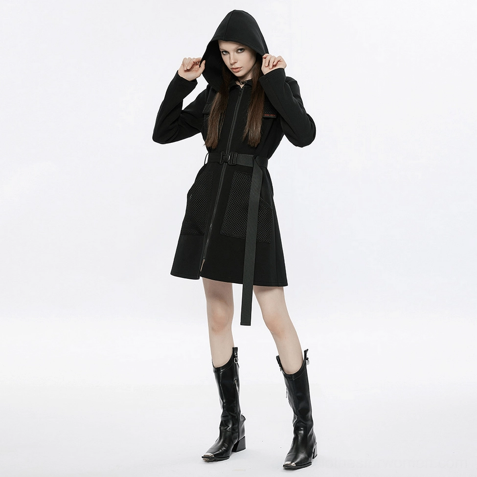 Black gothic tactical dress overall silhouette and fitted cut on model