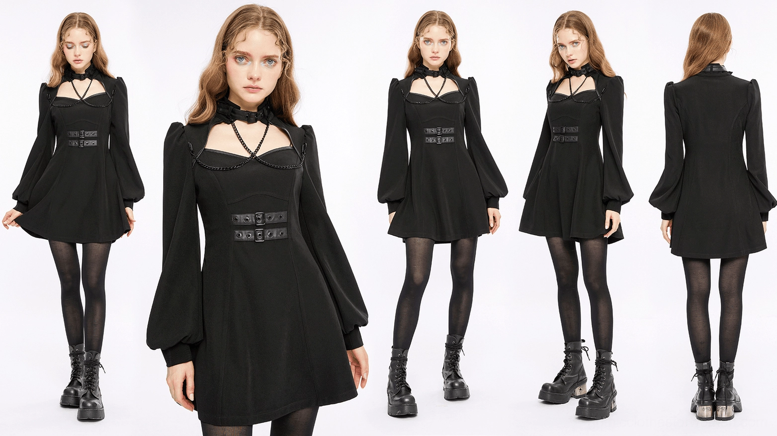 Black gothic techwear dress care and measurement guide featuring sizing charts and fabric maintenance instructions