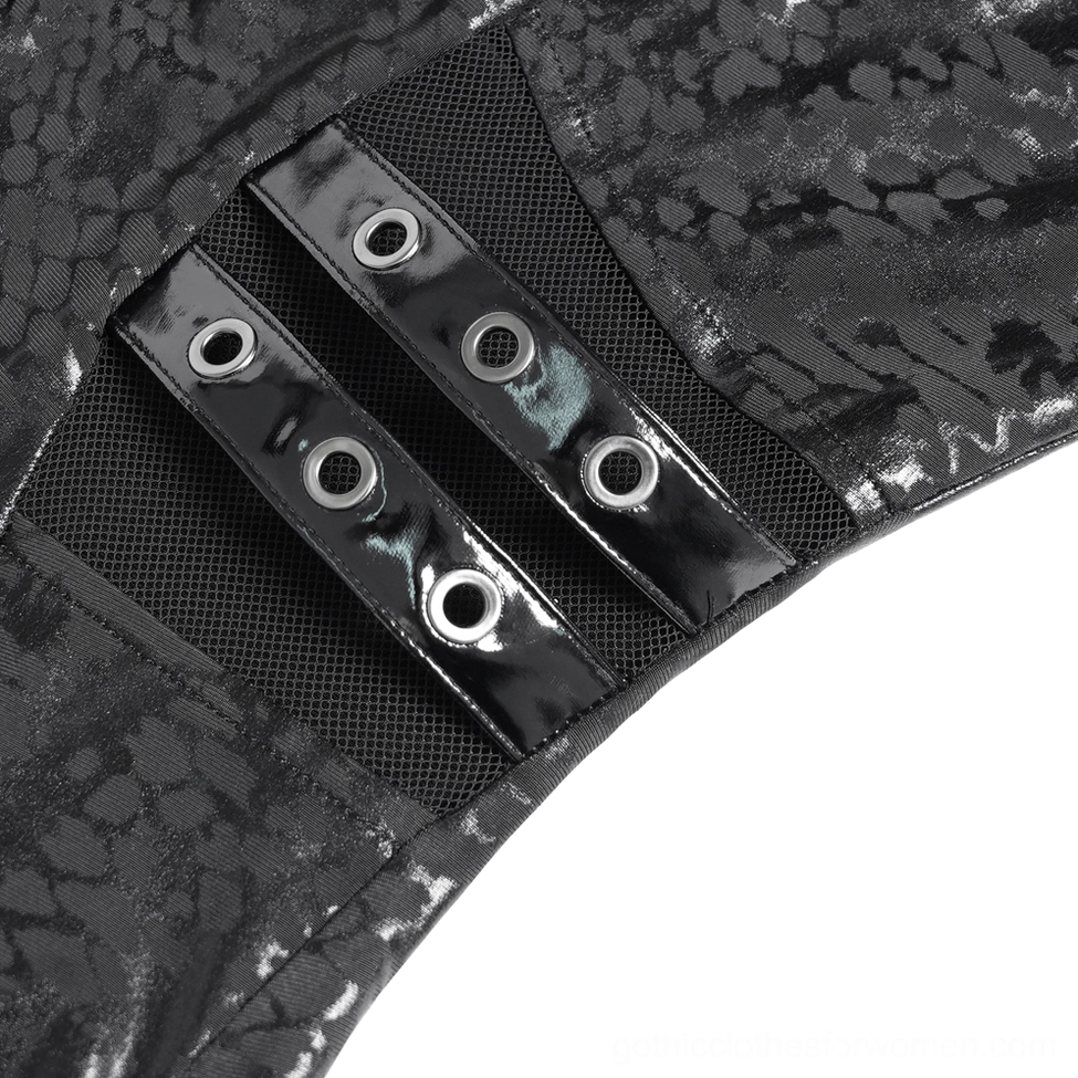 Black gothic asymmetrical dress fabric detail showing snake pattern weave and construction quality