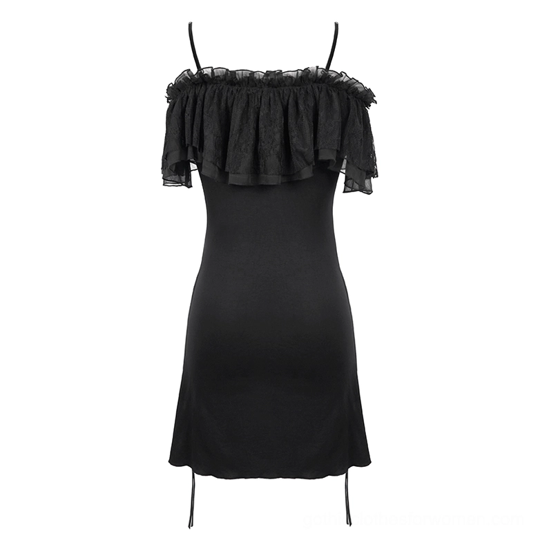 Black off-shoulder gothic mini dress with thin straps and ruffled neckline, flat product photograph