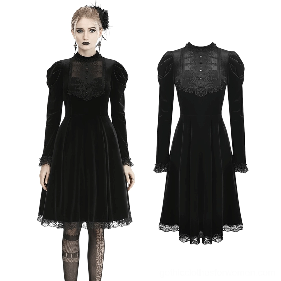 Victorian gothic dress with stand collar and lace-trimmed cuffs - front view and flat lay combination