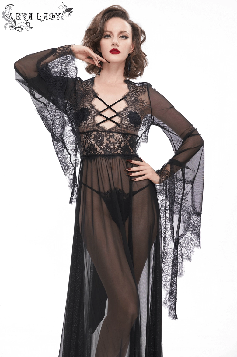 Black transparent lace gothic dress styling details on model movement
