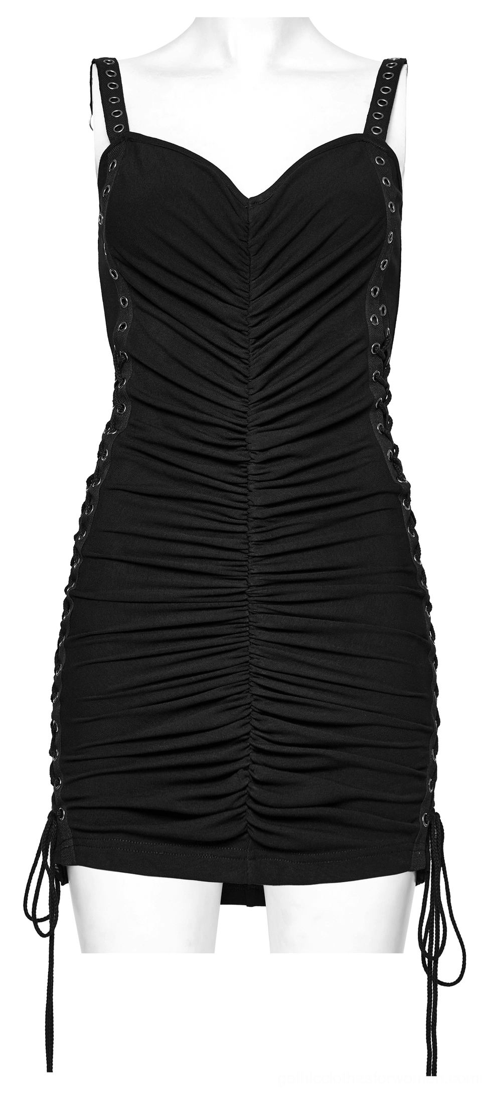Gothic black mini dress with sweetheart neck and side eyelet lace-up on mannequin, front view