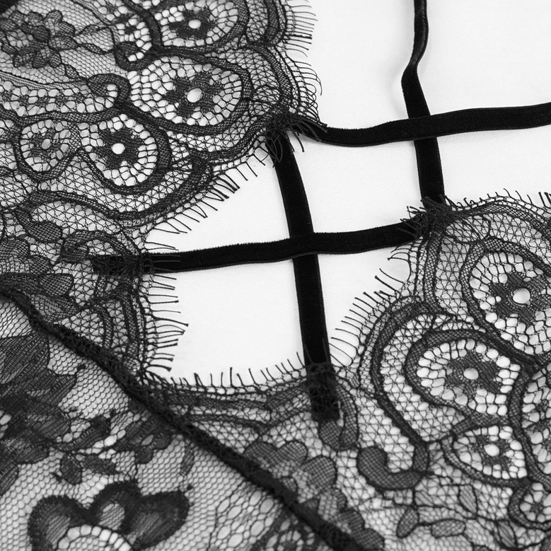 Black gothic dress crisscross velvet strap detail on floral lace base