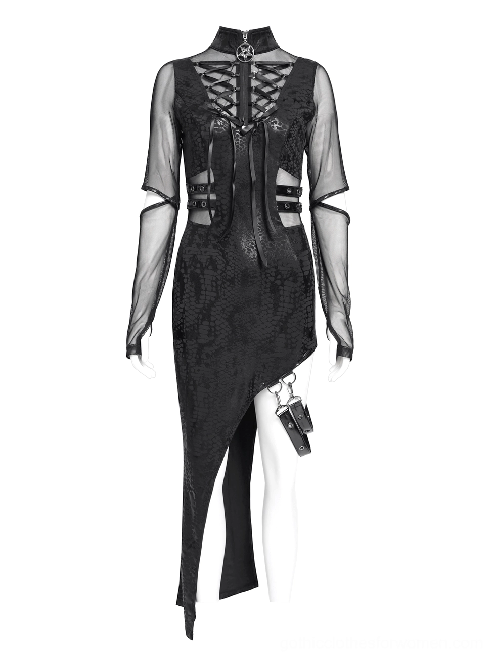 Black gothic dress on mannequin with waist belt straps, leg harness, thigh pouch attachment, and sheer mesh sleeves