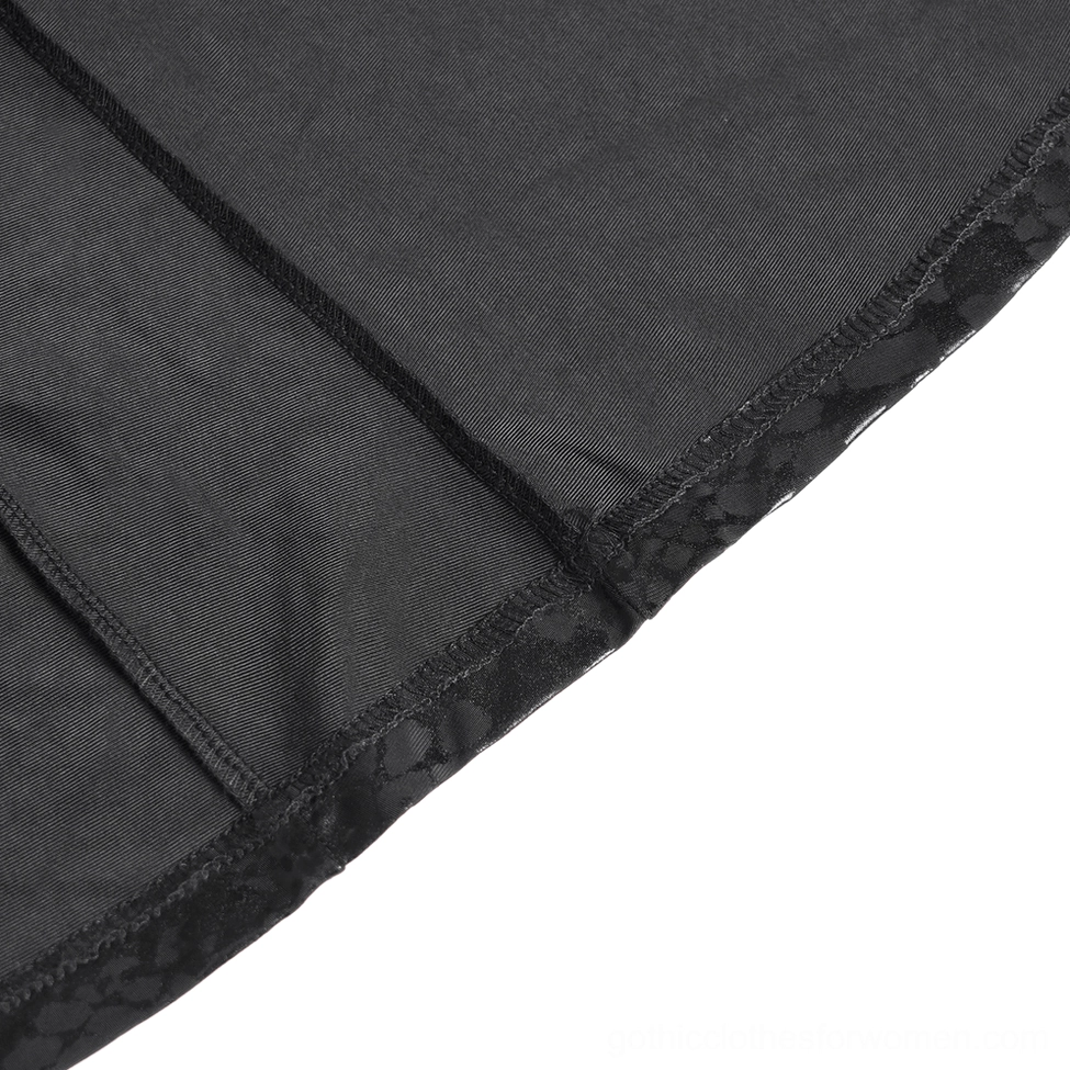 Black gothic dress waist area showing belt straps, cutout design, and thigh pouch attachment