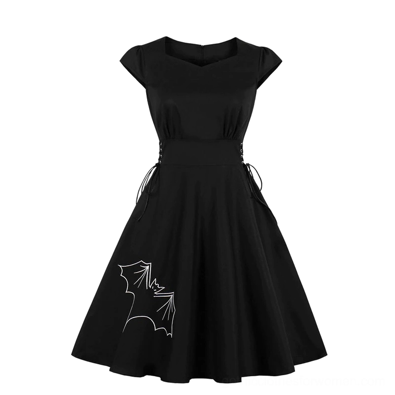 Black gothic swing dress with white bat embroidery and corset side lace-up