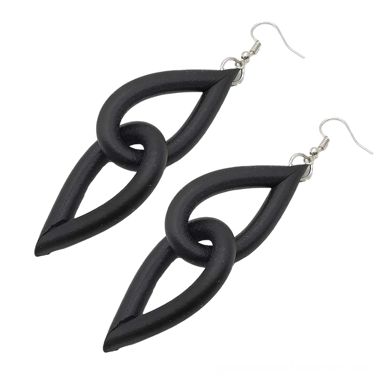 Pair of black gothic rubber dangle earrings flat lay, featuring interlocking teardrop silicone links and silver-tone ear wires against white background
