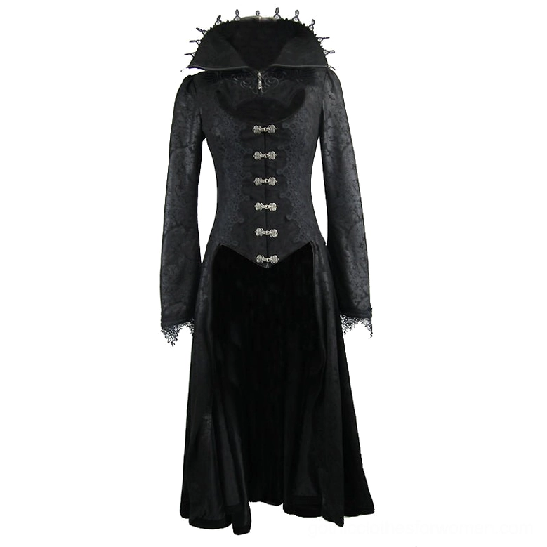 Front view of black gothic long coat featuring spiked high collar, lace-trimmed cuffs, metal button fasteners, and embossed fabric detailing