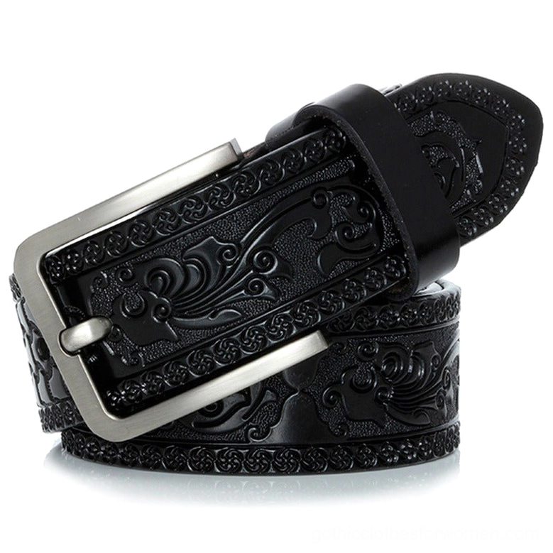 Black gothic embossed leather belt with matte finish and ornate floral engraving, front oblique angle showing emboss depth