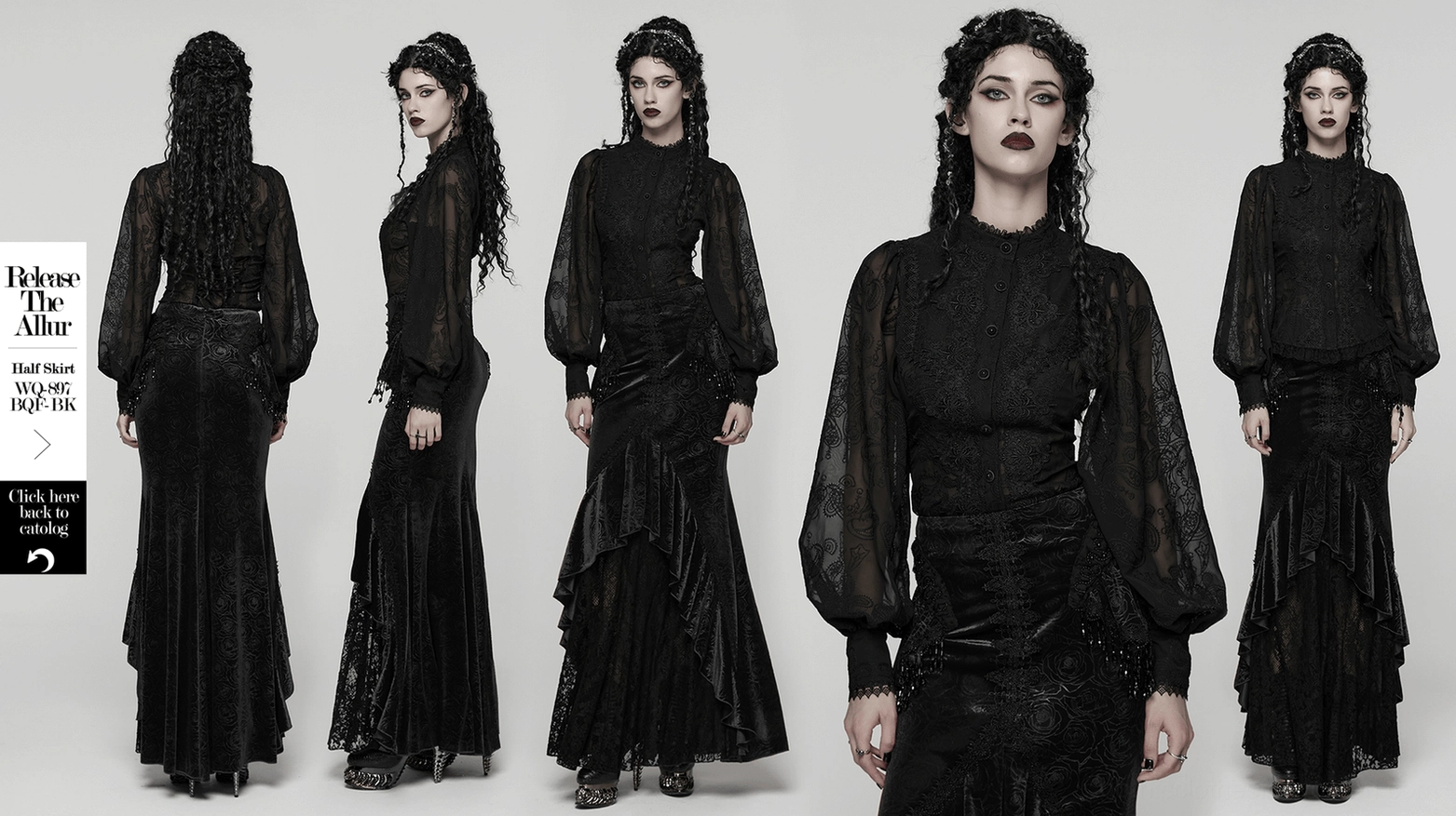 Black gothic embroidered chiffon blouse complete view - sheer lace patchwork design