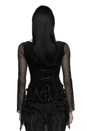 Back view of black gothic embroidery top showing back corset lace-up closure and flowing sheer mesh sleeves