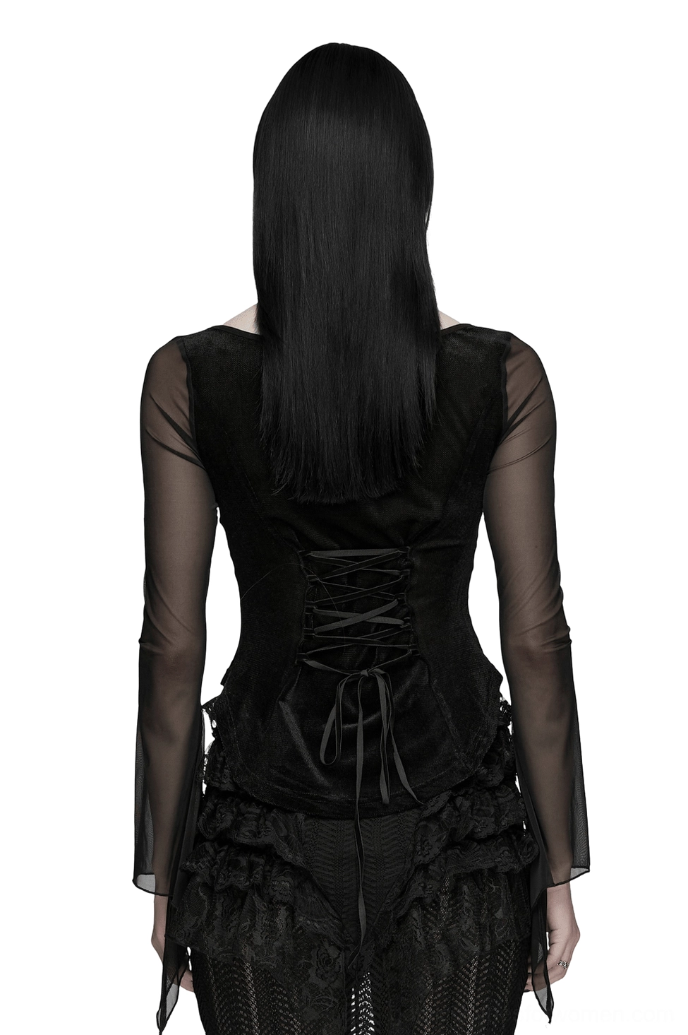 Back view of black gothic embroidery top showing back corset lace-up closure and flowing sheer mesh sleeves