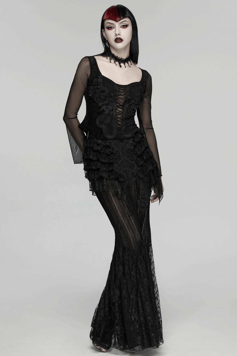 Alternative angle of black gothic embroidery top showing lace-up construction and dimensional floral elements