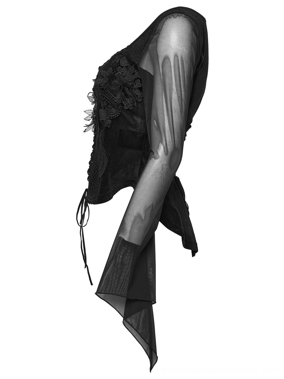 Side profile view of black gothic embroidery top with asymmetrical mesh hem and chest appliqué details