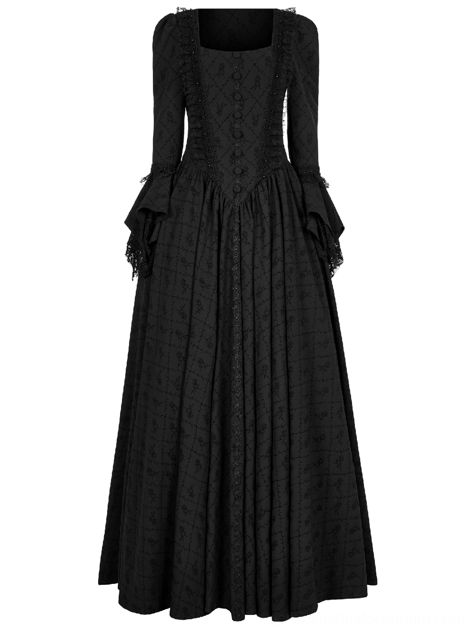 Black gothic evening dress back flat product shot - corset lace-up design and pleated floor-length skirt