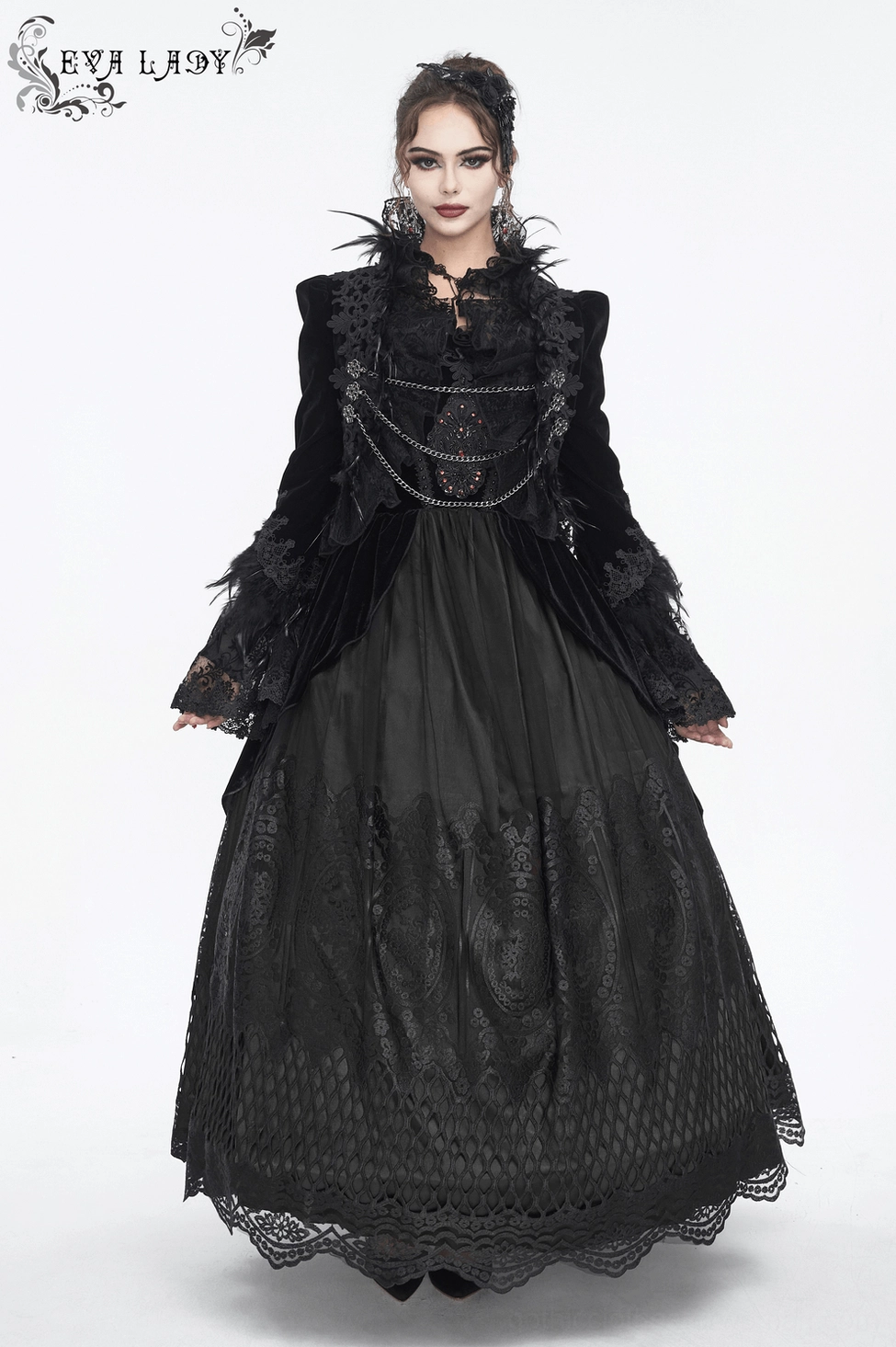 Black gothic evening dress back detail - lace and feather construction viewed from rear angle